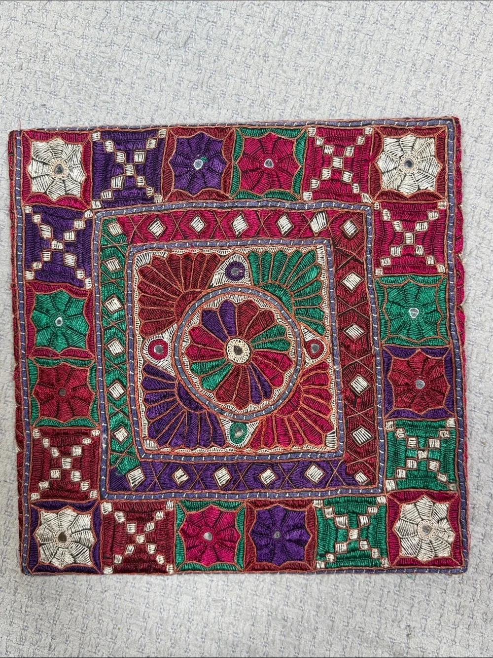 Vintage Tapestry Embroidered Mirrors Jewel Tones Crewel Square Wall Hanging